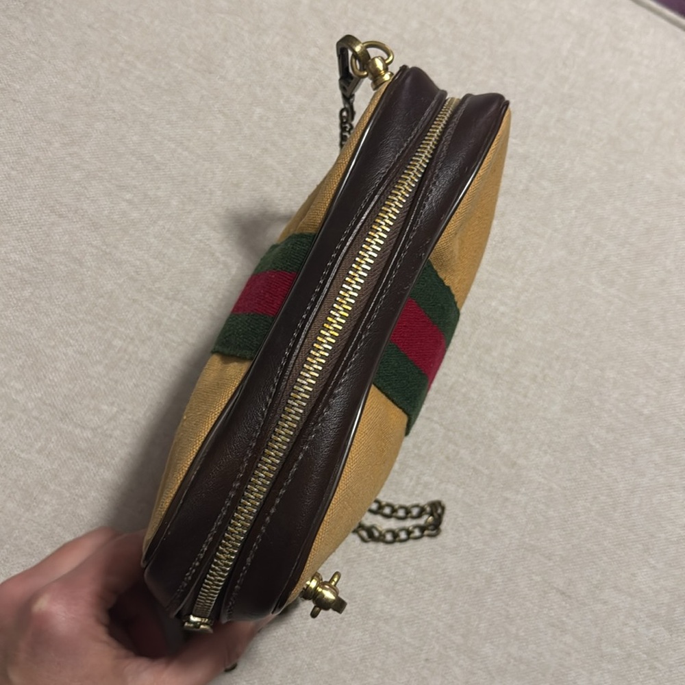 Converted Vintage Pouch-Tan Canvas-Red & Green Stripe Detail-Brassy Link Chain - Picture 11 of 17
